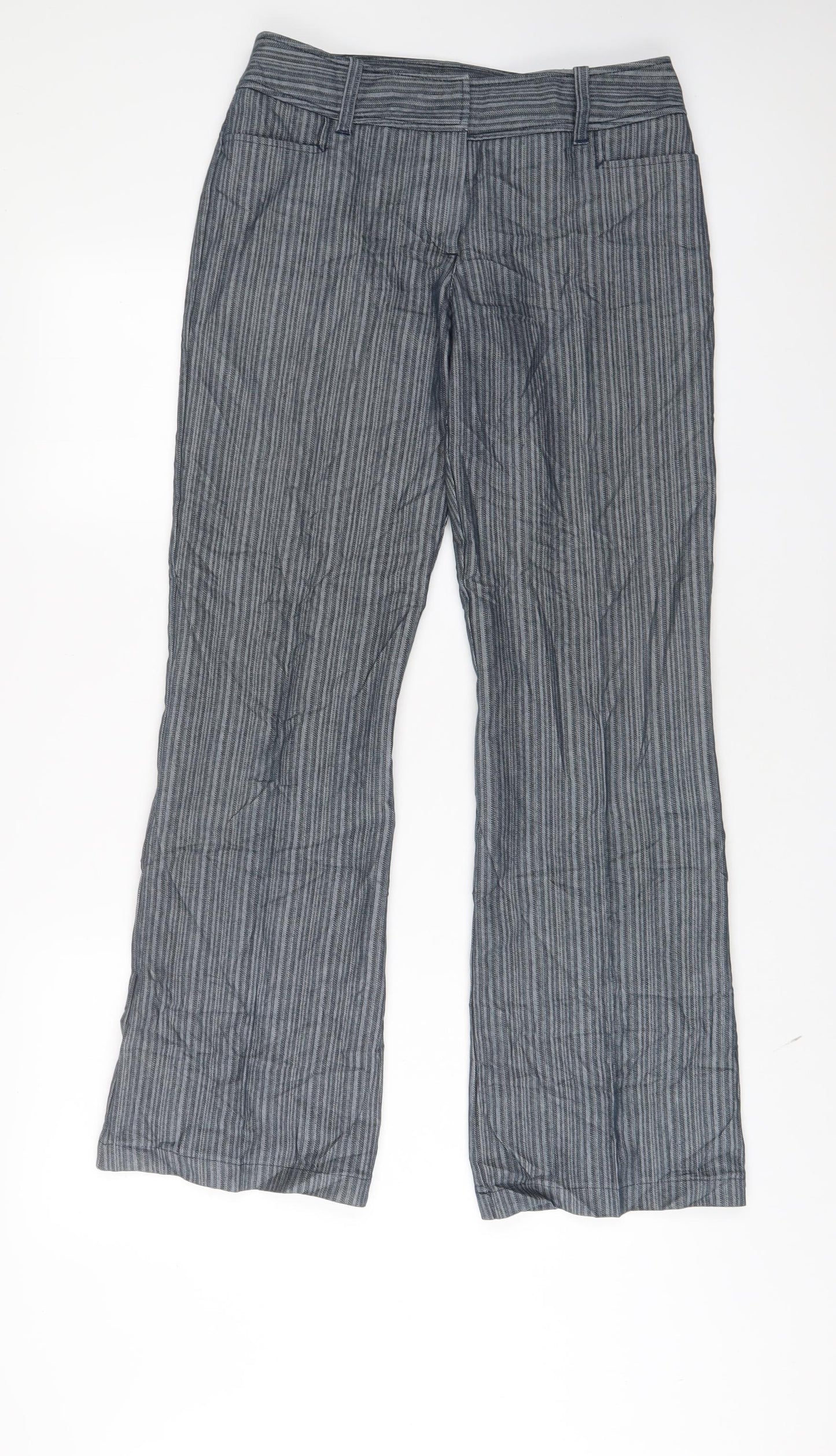 NEXT Womens Grey Striped Cotton Trousers Size 10 L30 in Regular Hook & Eye