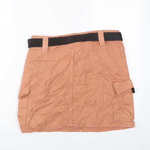 Topshop Womens Orange Cotton A-Line Skirt Size 12 Zip - Belted