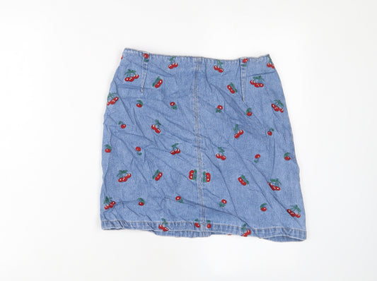 H&M Womens Blue Geometric Cotton A-Line Skirt Size 8 Zip - Cherries, Embroidered