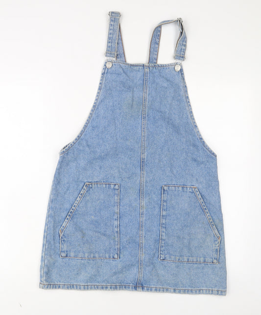 Topshop Womens Blue Cotton Pinafore/Dungaree Dress Size 10 Square Neck Pullover