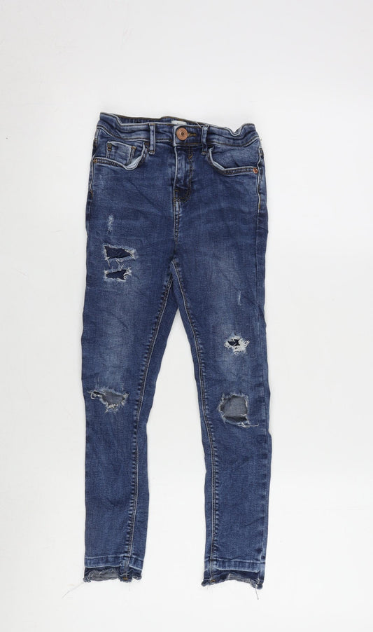 River Island Girls Blue Cotton Tapered Jeans Size 9 Years L20.5 in Regular Zip - Distressed .