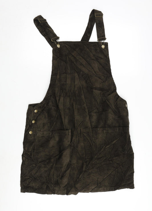 George Womens Brown Cotton Pinafore/Dungaree Dress Size 16 Square Neck Snap