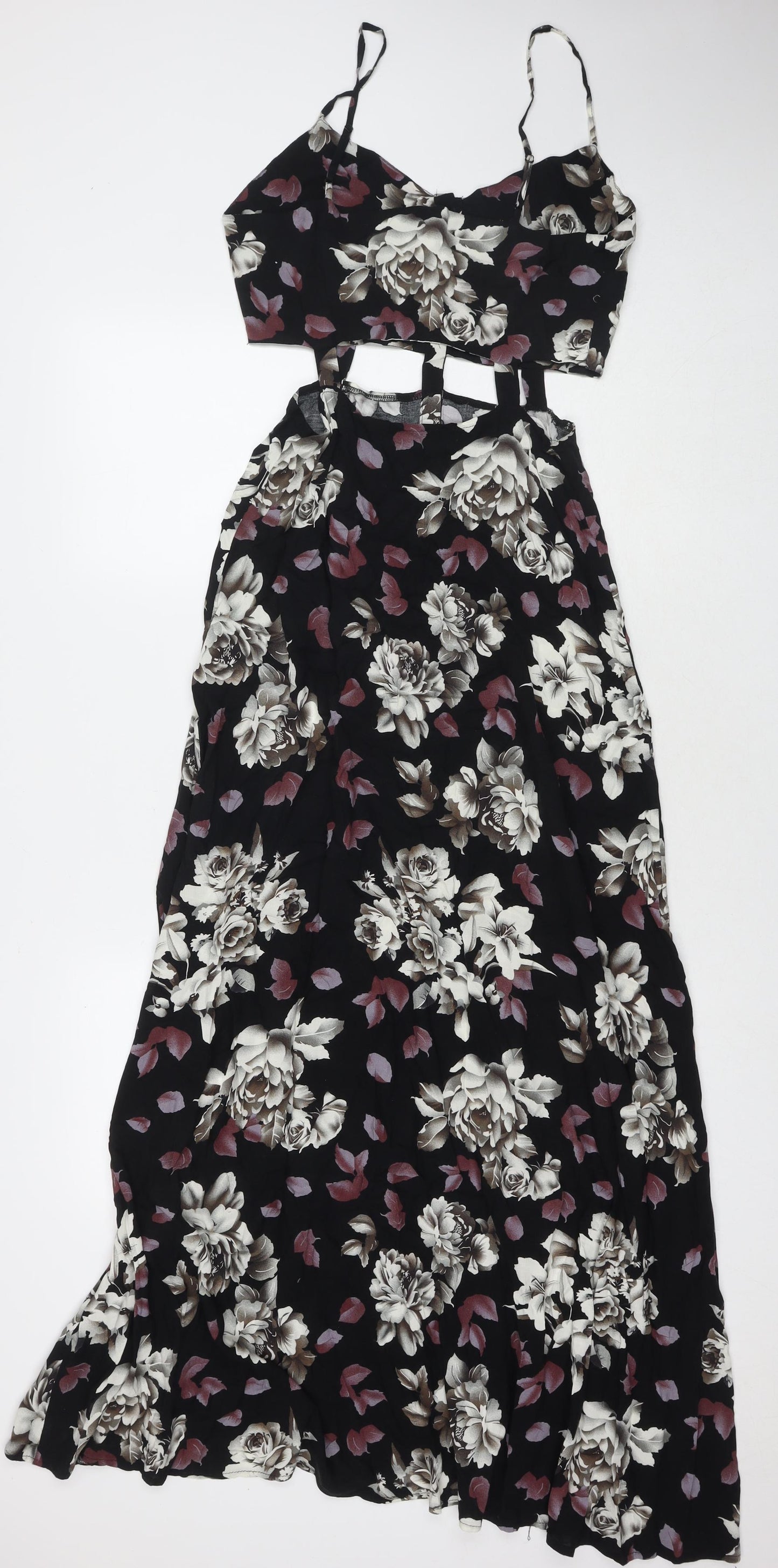 PRETTYLITTLETHING Womens Black Floral Viscose A-Line Size 10 Round Neck Button