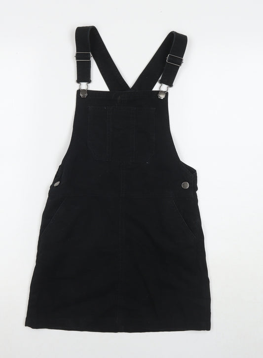 NEXT Girls Black Cotton Pinafore/Dungaree Dress Size 10 Years Square Neck Button