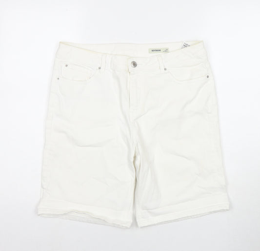 Marks and Spencer Womens White Cotton Boyfriend Shorts Size 14 L8 in Regular Zip