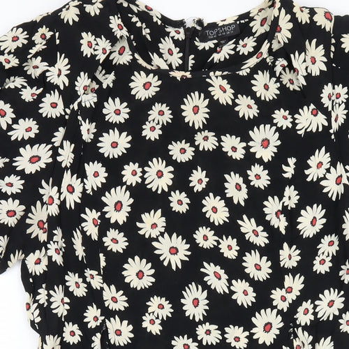 Topshop Womens Black Floral Viscose A-Line Size 14 Round Neck Zip