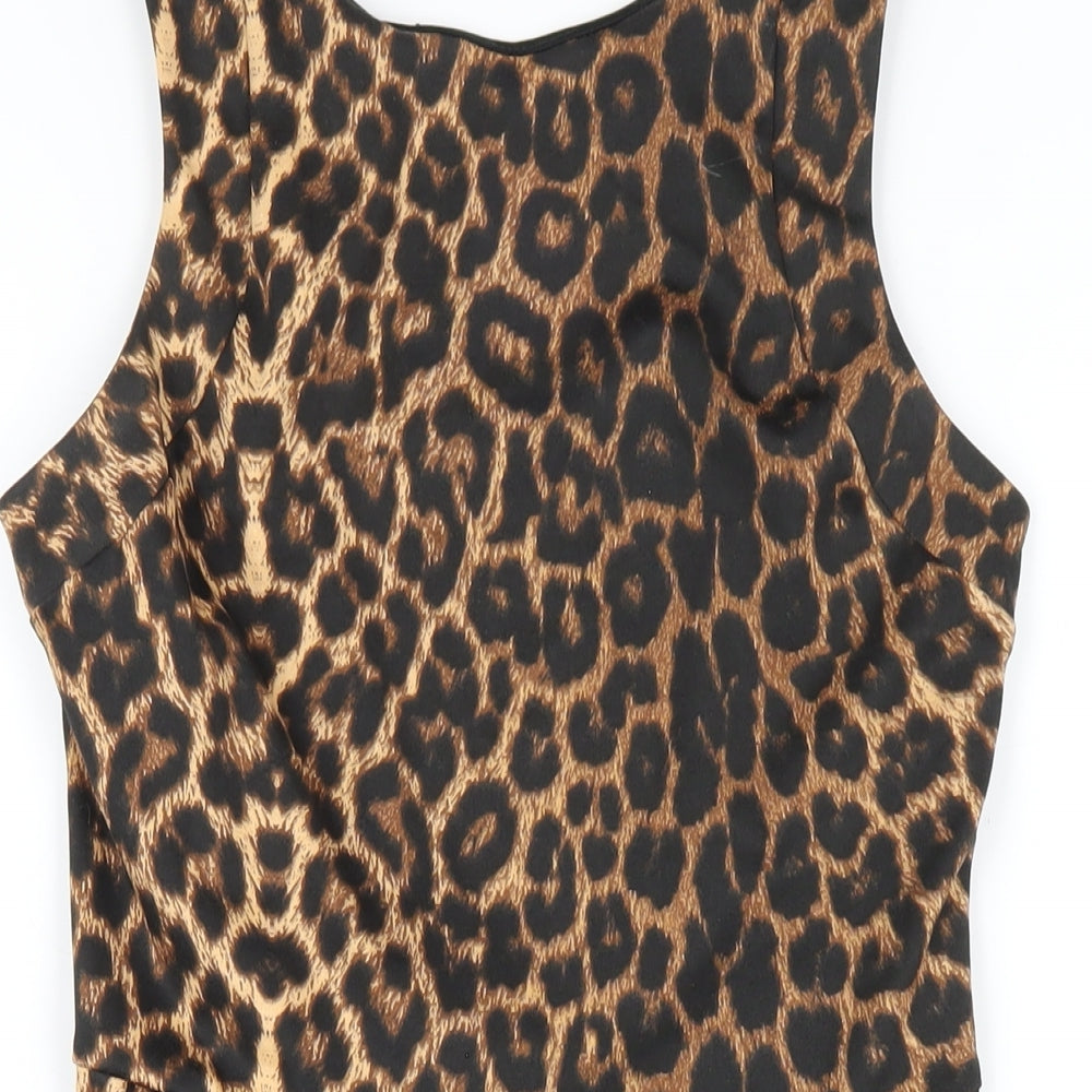 Oasis Womens Brown Animal Print Polyester A-Line Size 10 Round Neck Zip - Leopard Print