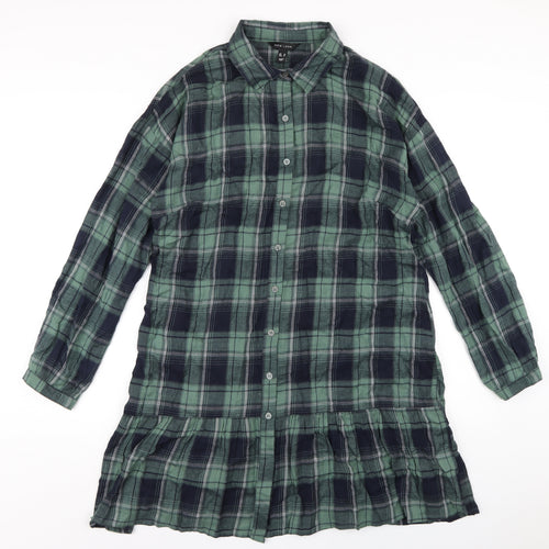 New Look Womens Green Plaid Cotton Shirt Dress Size 14 Collared Button