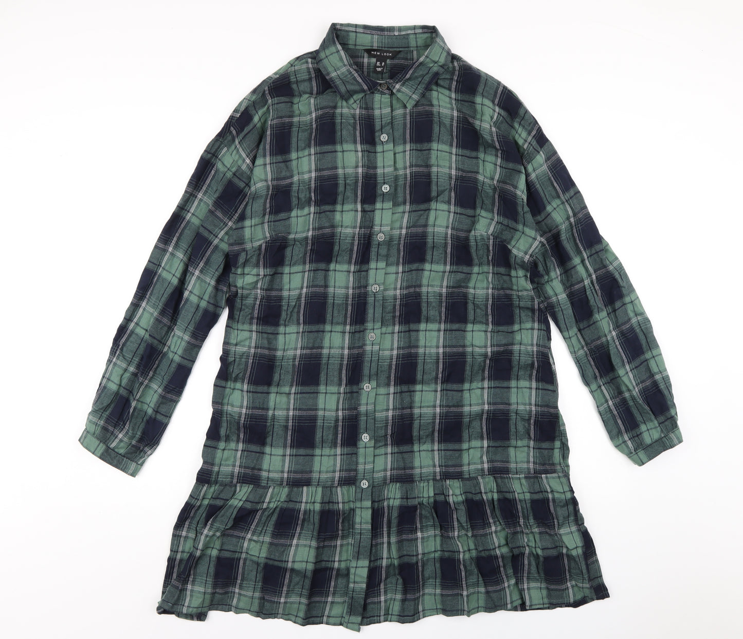 New Look Womens Green Plaid Cotton Shirt Dress Size 14 Collared Button