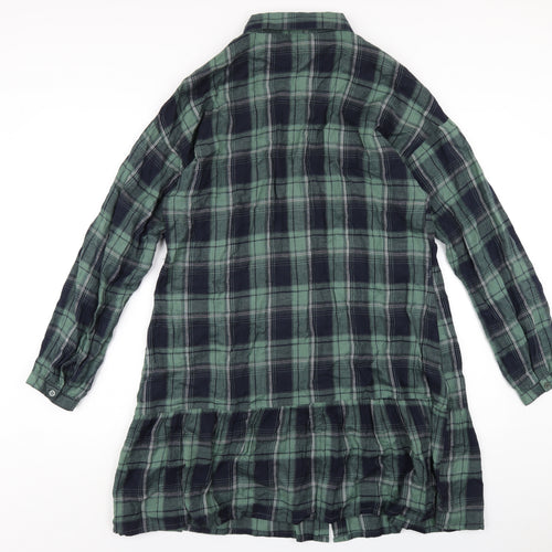 New Look Womens Green Plaid Cotton Shirt Dress Size 14 Collared Button