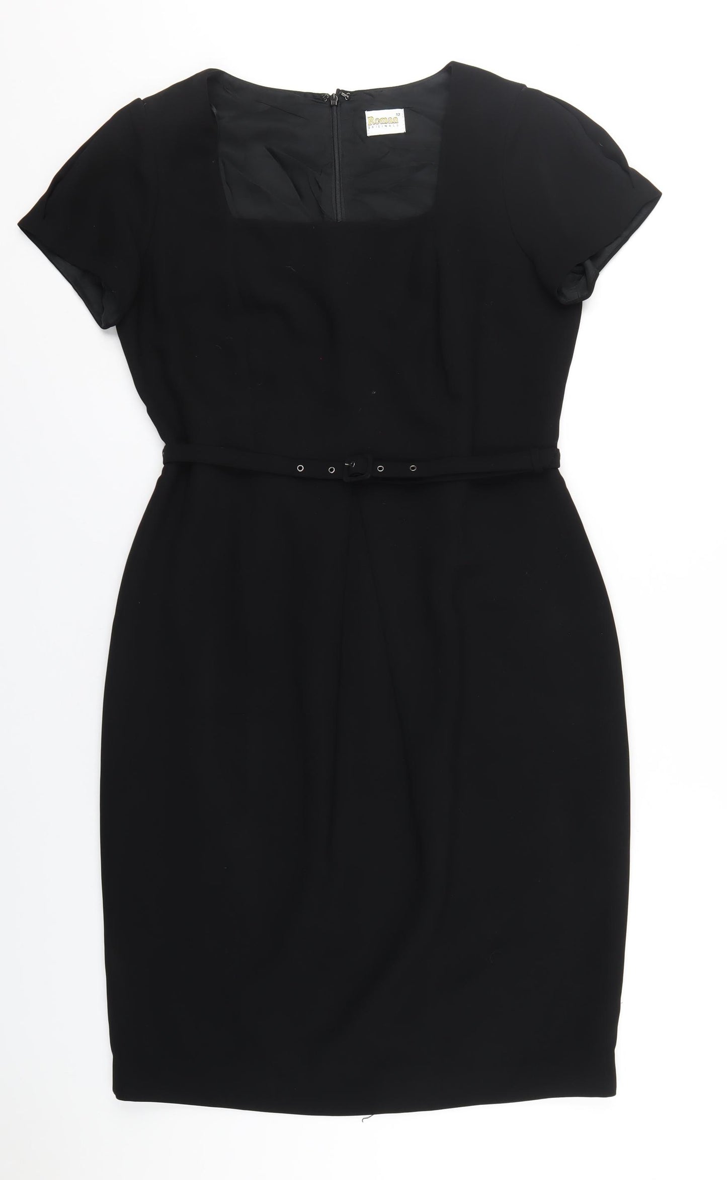 Roman Womens Black Polyester Pencil Dress Size 12 Square Neck Zip