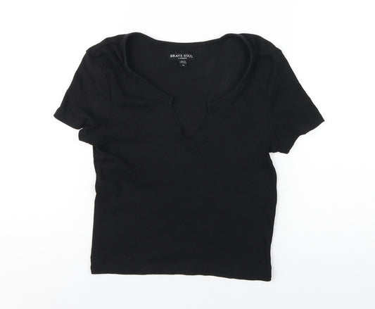 Brave Soul Womens Black Cotton Basic T-Shirt Size M V-Neck