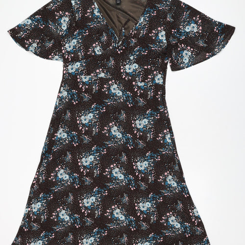 H&M Womens Brown Floral Polyester A-Line Size 14 V-Neck Zip