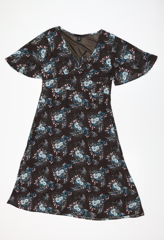 H&M Womens Brown Floral Polyester A-Line Size 14 V-Neck Zip