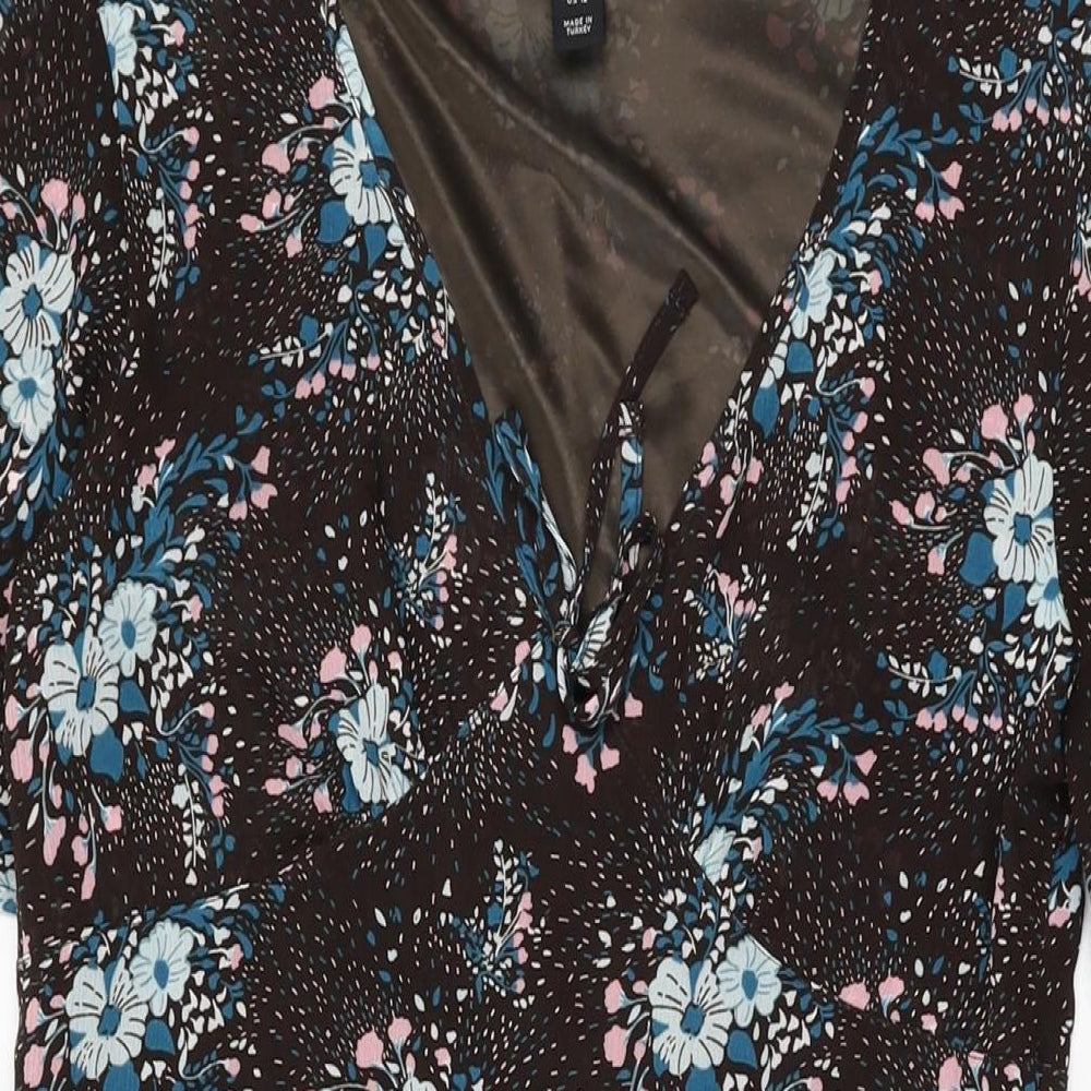 H&M Womens Brown Floral Polyester A-Line Size 14 V-Neck Zip