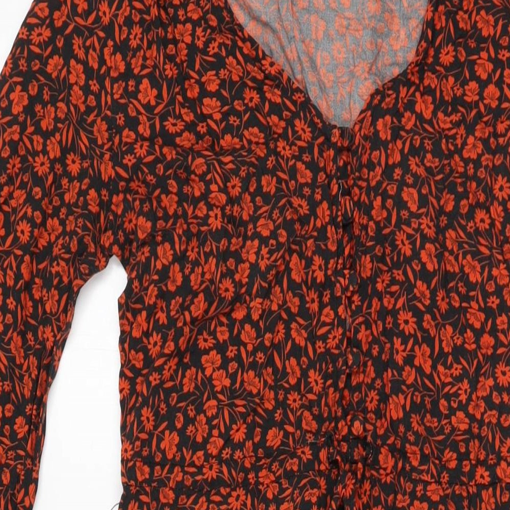 New Look Womens Black Floral Viscose A-Line Size 8 V-Neck Button