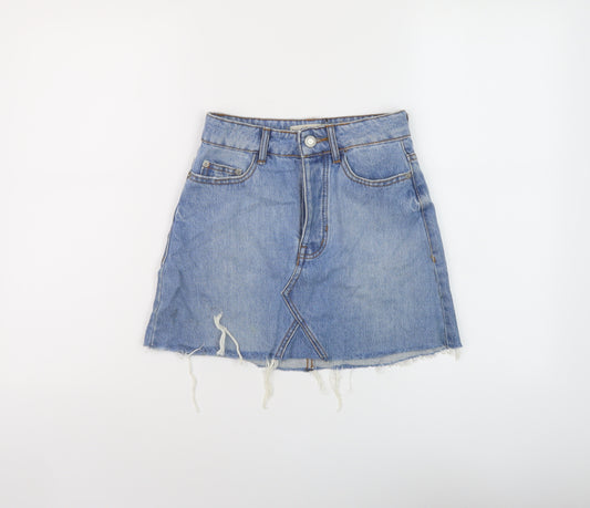 Bershka Womens Blue Cotton Mini Skirt Size 4 Button