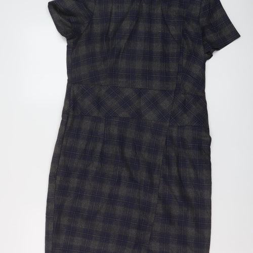 NEXT Womens Grey Plaid Polyester Sheath Size 14 Round Neck Zip