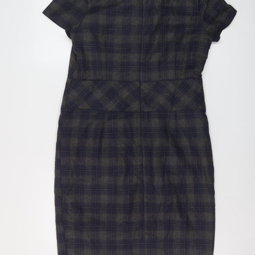 NEXT Womens Grey Plaid Polyester Sheath Size 14 Round Neck Zip