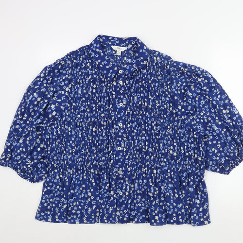 Marks and Spencer Womens Blue Floral Polyester Basic Blouse Size 22 Collared - Rouched