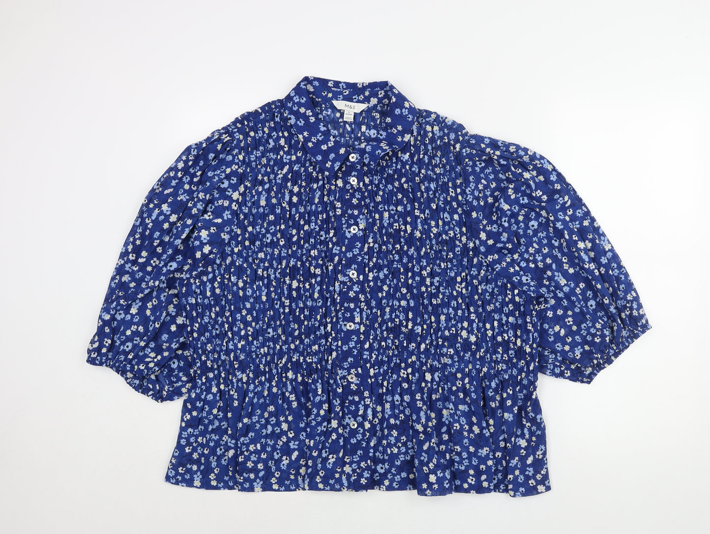 Marks and Spencer Womens Blue Floral Polyester Basic Blouse Size 22 Collared - Rouched