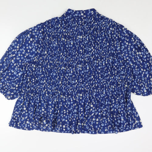 Marks and Spencer Womens Blue Floral Polyester Basic Blouse Size 22 Collared - Rouched