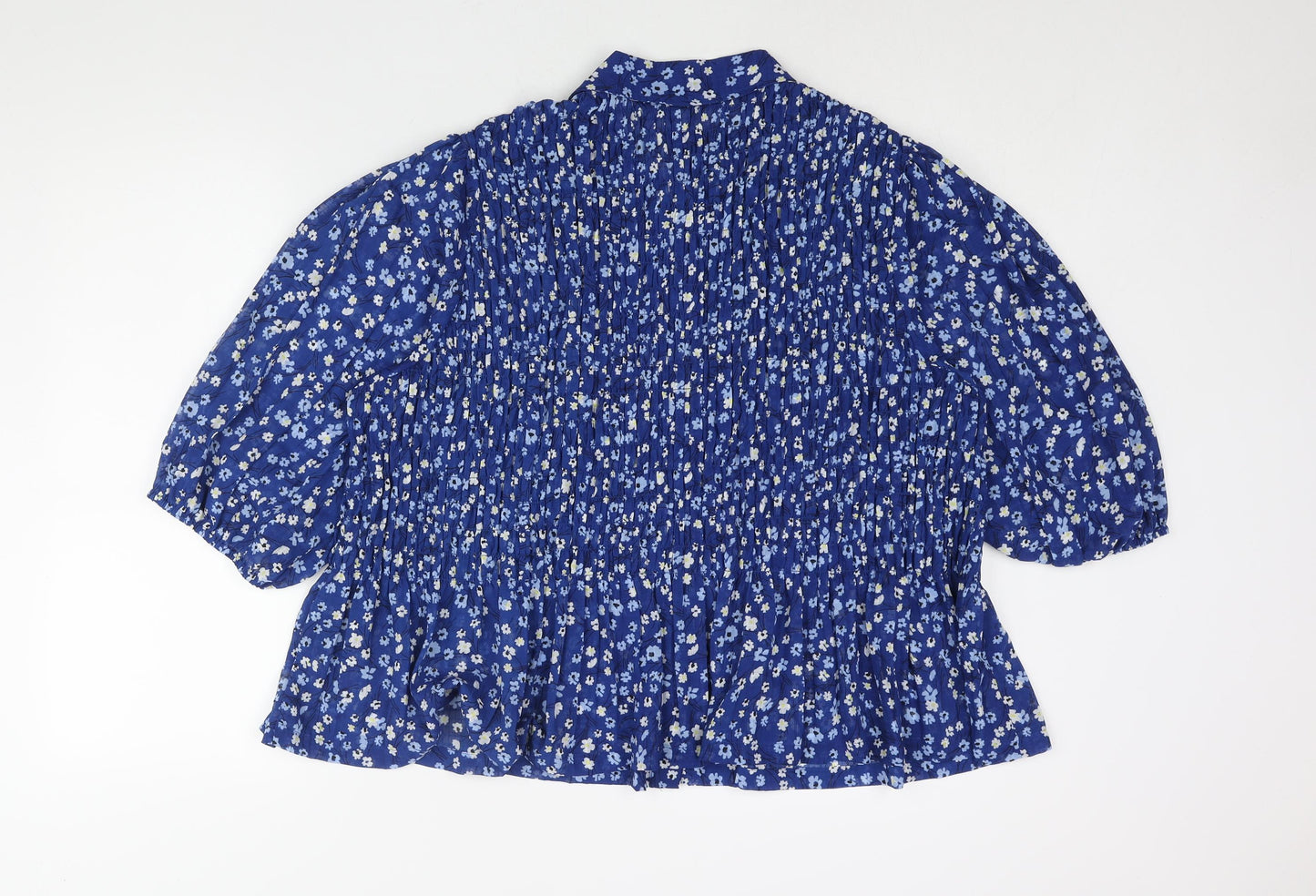 Marks and Spencer Womens Blue Floral Polyester Basic Blouse Size 22 Collared - Rouched