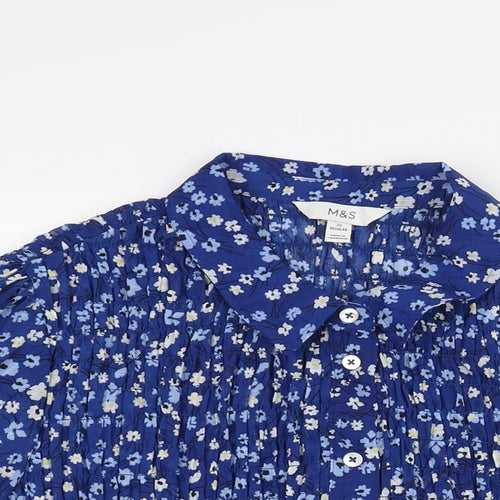 Marks and Spencer Womens Blue Floral Polyester Basic Blouse Size 22 Collared - Rouched