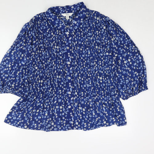 Marks and Spencer Womens Blue Floral Polyester Basic Blouse Size 18 Collared - Rouched