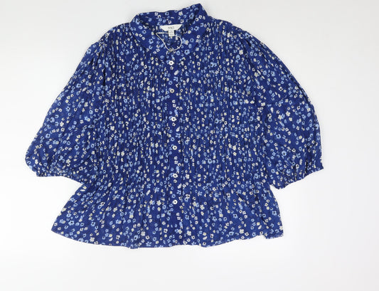 Marks and Spencer Womens Blue Floral Polyester Basic Blouse Size 18 Collared - Rouched