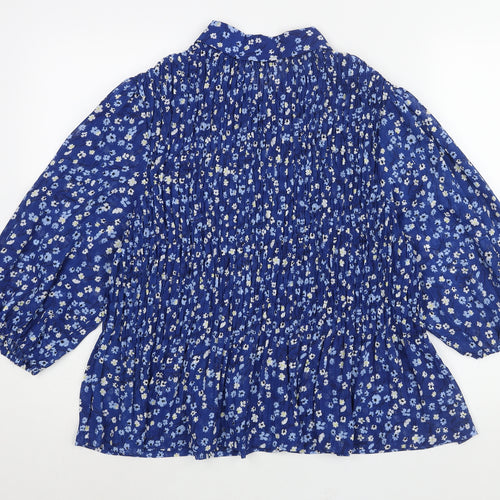 Marks and Spencer Womens Blue Floral Polyester Basic Blouse Size 18 Collared - Rouched