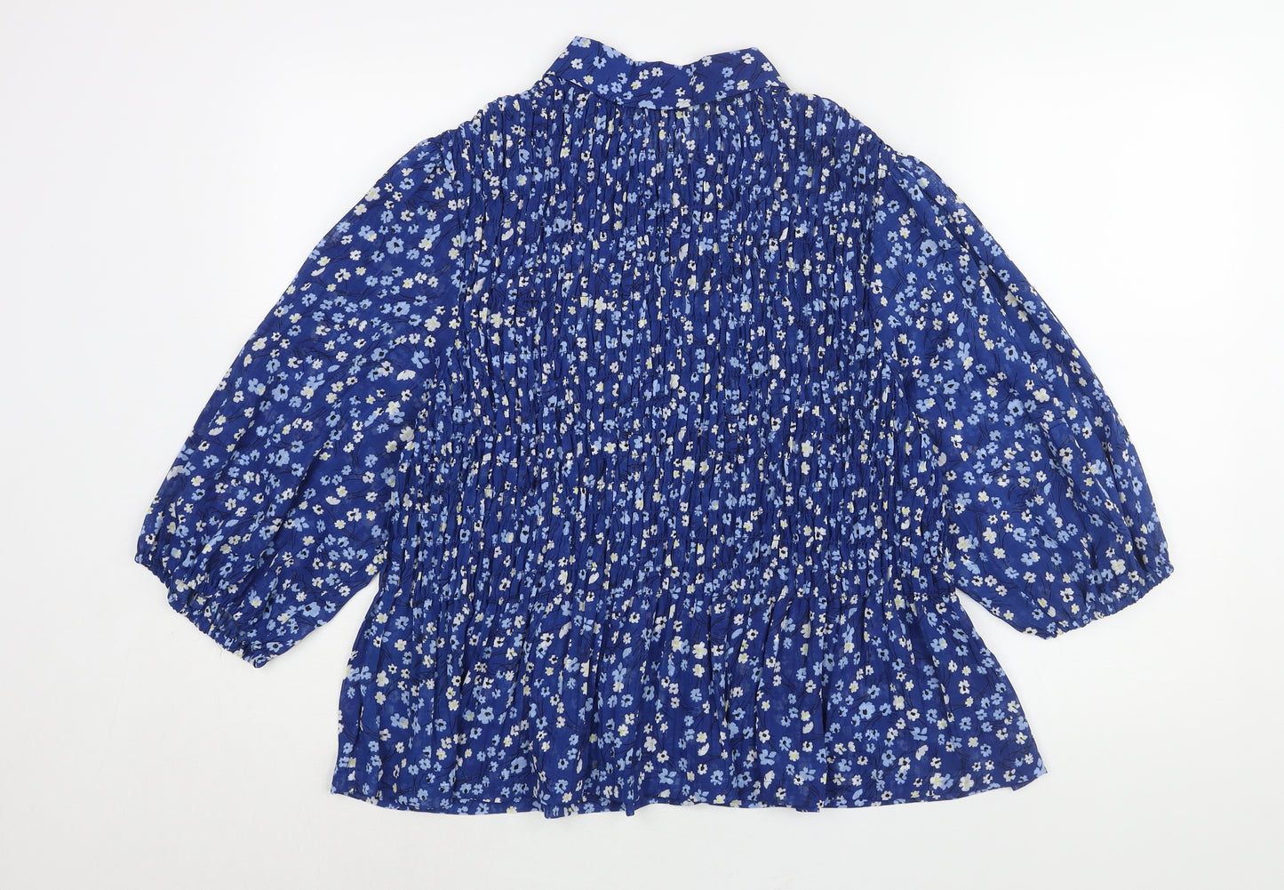 Marks and Spencer Womens Blue Floral Polyester Basic Blouse Size 18 Collared - Rouched