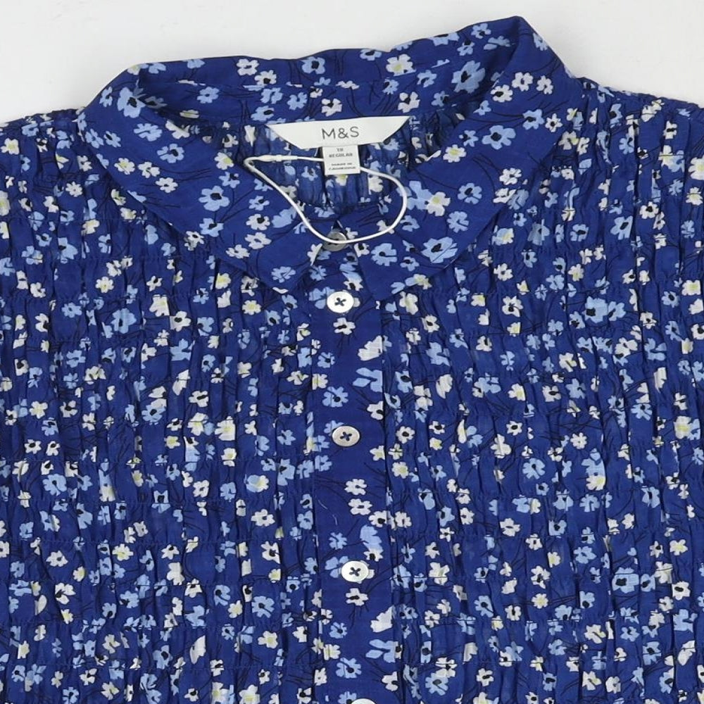 Marks and Spencer Womens Blue Floral Polyester Basic Blouse Size 18 Collared - Rouched