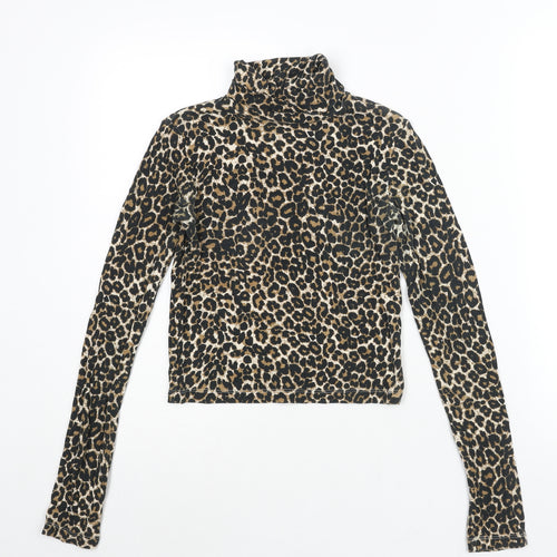 Zara Womens Brown Animal Print Polyester Basic Blouse Size S Roll Neck - Leopard Print