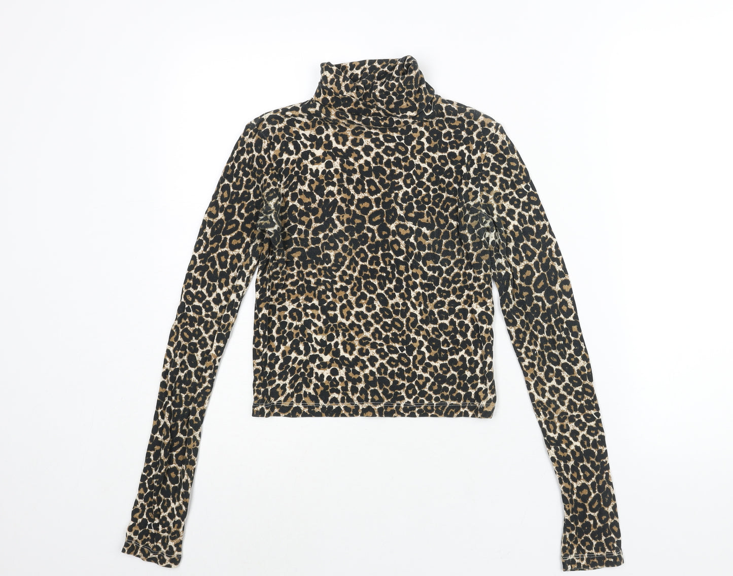 Zara Womens Brown Animal Print Polyester Basic Blouse Size S Roll Neck - Leopard Print