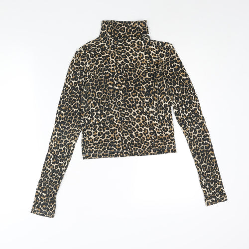 Zara Womens Brown Animal Print Polyester Basic Blouse Size S Roll Neck - Leopard Print