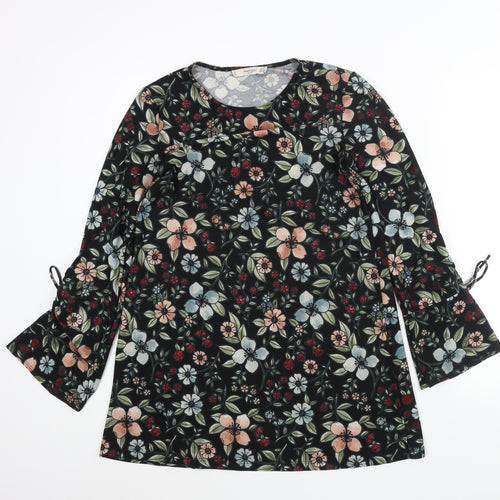 Mango Womens Black Floral Polyester A-Line Size XS Round Neck Pullover - Drawstring Sleeve