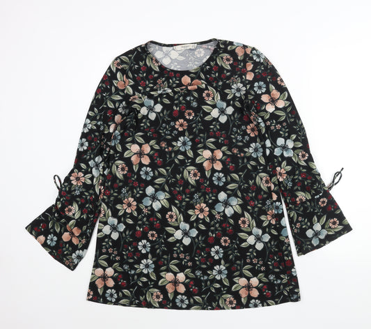 Mango Womens Black Floral Polyester A-Line Size XS Round Neck Pullover - Drawstring Sleeve