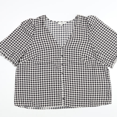 Marks and Spencer Womens Black Check Polyester Basic Blouse Size 22 V-Neck - Button Detail