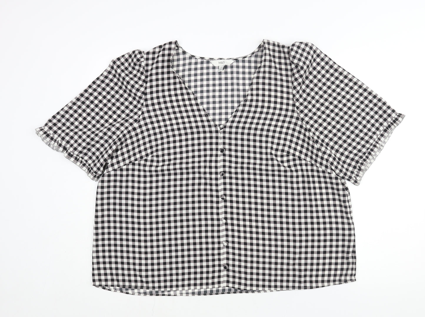 Marks and Spencer Womens Black Check Polyester Basic Blouse Size 22 V-Neck - Button Detail