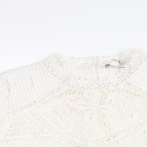 Marks and Spencer Womens Ivory Cotton Basic Blouse Size 12 Mock Neck - Lace Detail