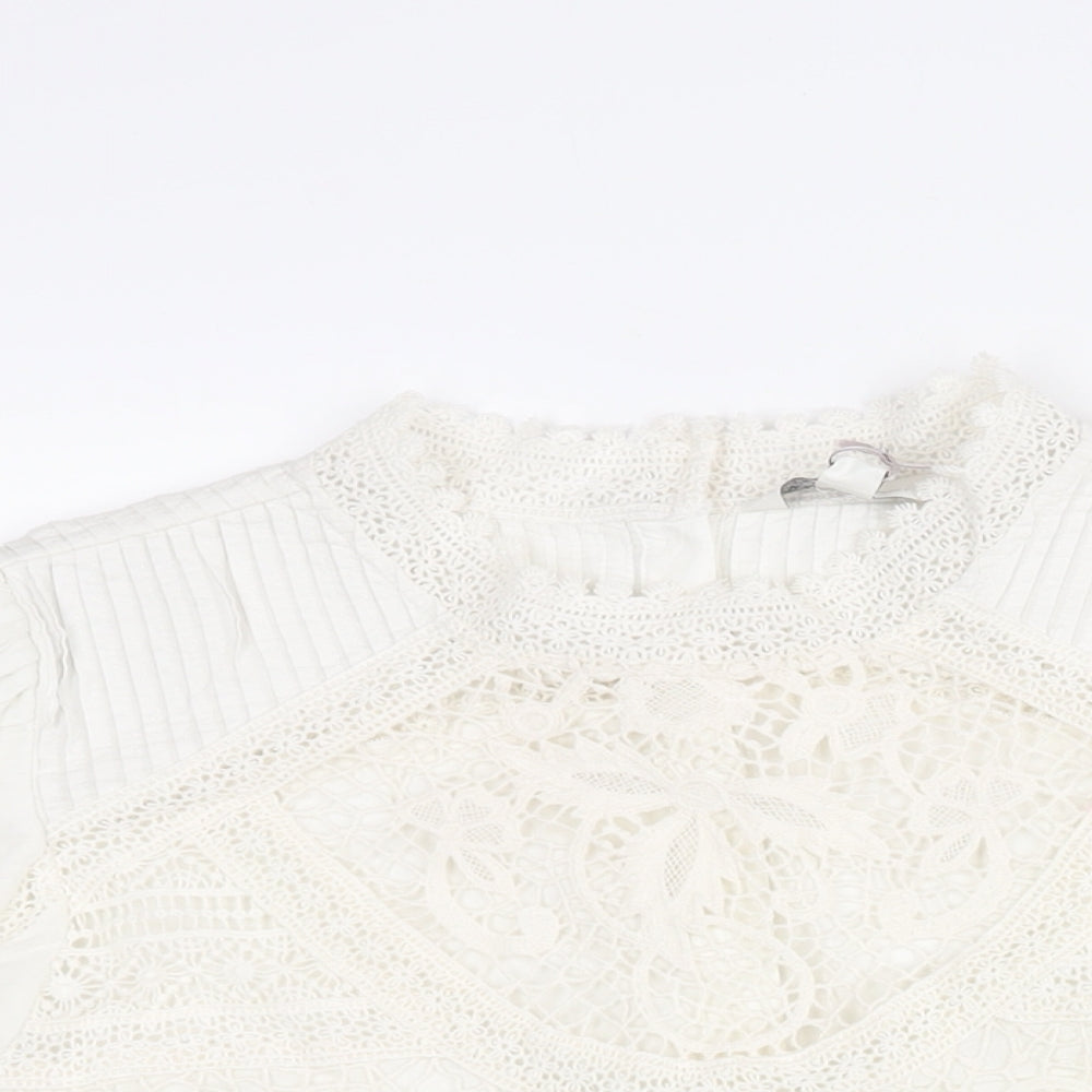 Marks and Spencer Womens Ivory Cotton Basic Blouse Size 12 Mock Neck - Lace Detail