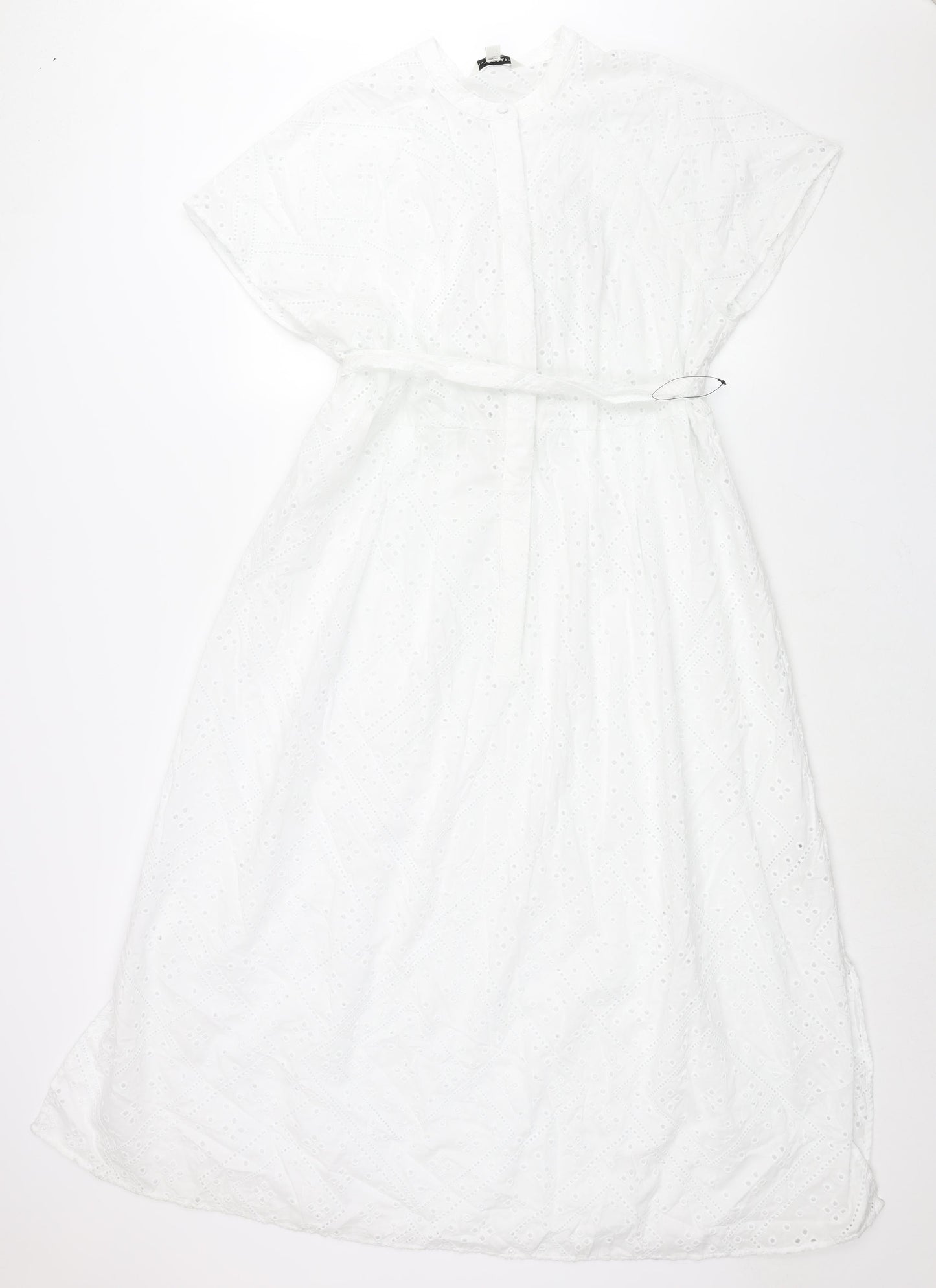 Marks and Spencer Womens White Cotton Shift Size 12 Round Neck Button - Belted