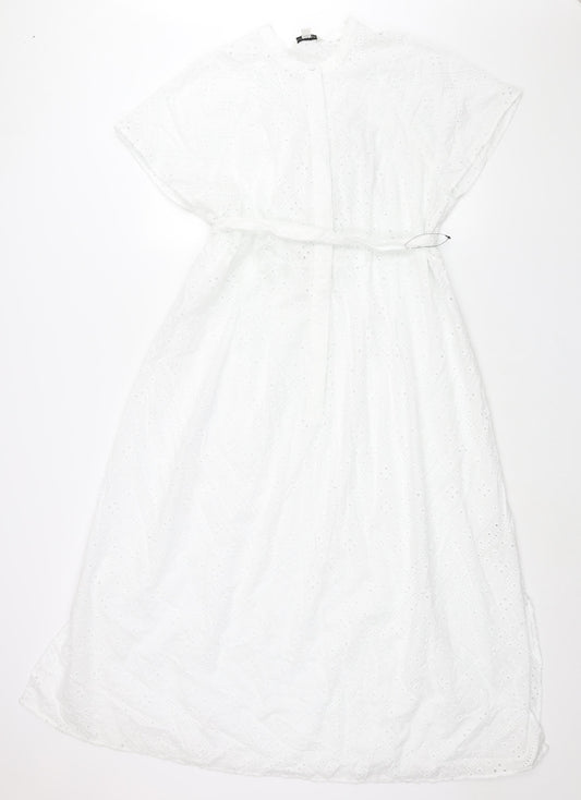 Marks and Spencer Womens White Cotton Shift Size 12 Round Neck Button - Belted