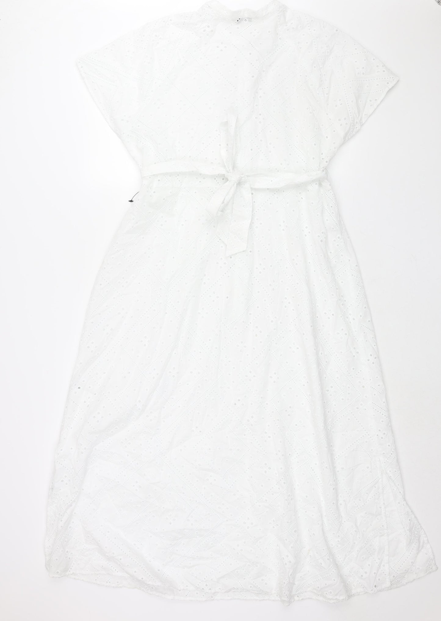 Marks and Spencer Womens White Cotton Shift Size 12 Round Neck Button - Belted