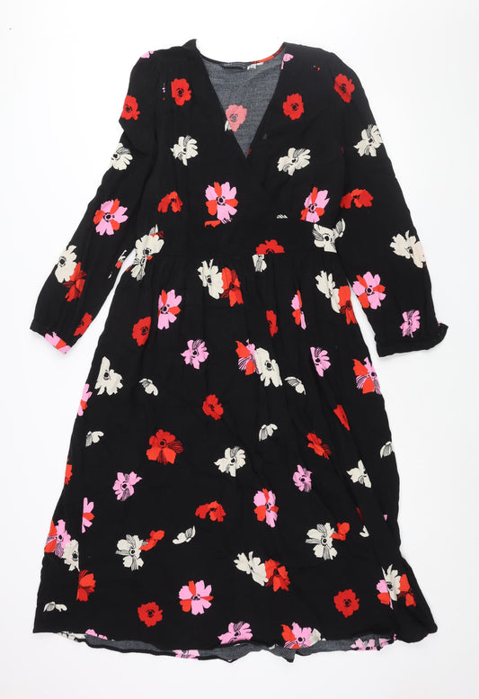 Marks and Spencer Womens Black Floral Viscose Shift Size 12 V-Neck Zip