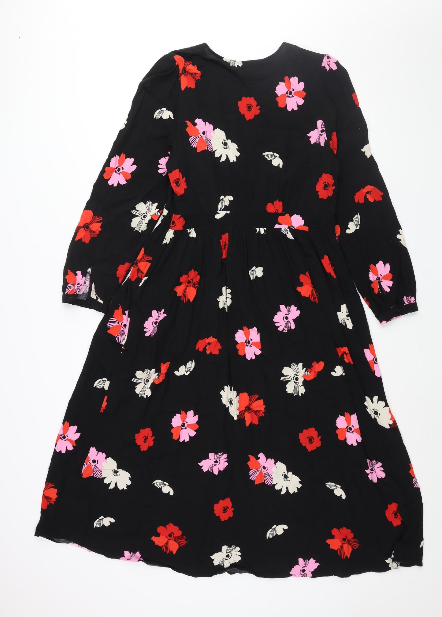 Marks and Spencer Womens Black Floral Viscose Shift Size 12 V-Neck Zip