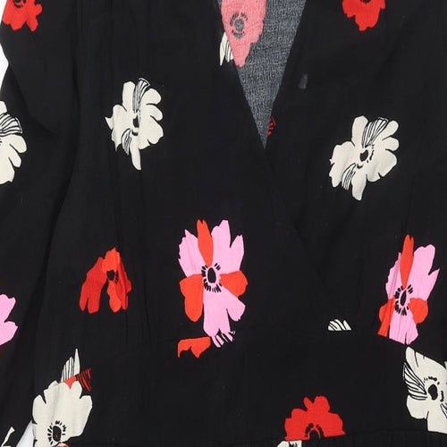 Marks and Spencer Womens Black Floral Viscose Shift Size 12 V-Neck Zip