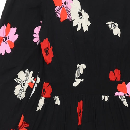 Marks and Spencer Womens Black Floral Viscose Shift Size 12 V-Neck Zip