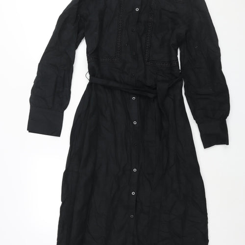 Marks and Spencer Womens Black Linen Shirt Dress Size 8 Collared Button - Belted Lace Detail